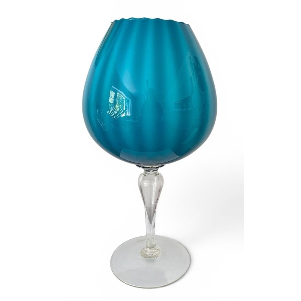 Empoli 1960s Glass Pedestal Vase Peacock Blue LARGE 16" Cased Optic Scalloped
